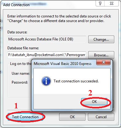 Untuk menguji apakah koneksi ke database terkoneksi atau tidak terkoneksi, tekan button Test Connection, lalu tekan button Ok.